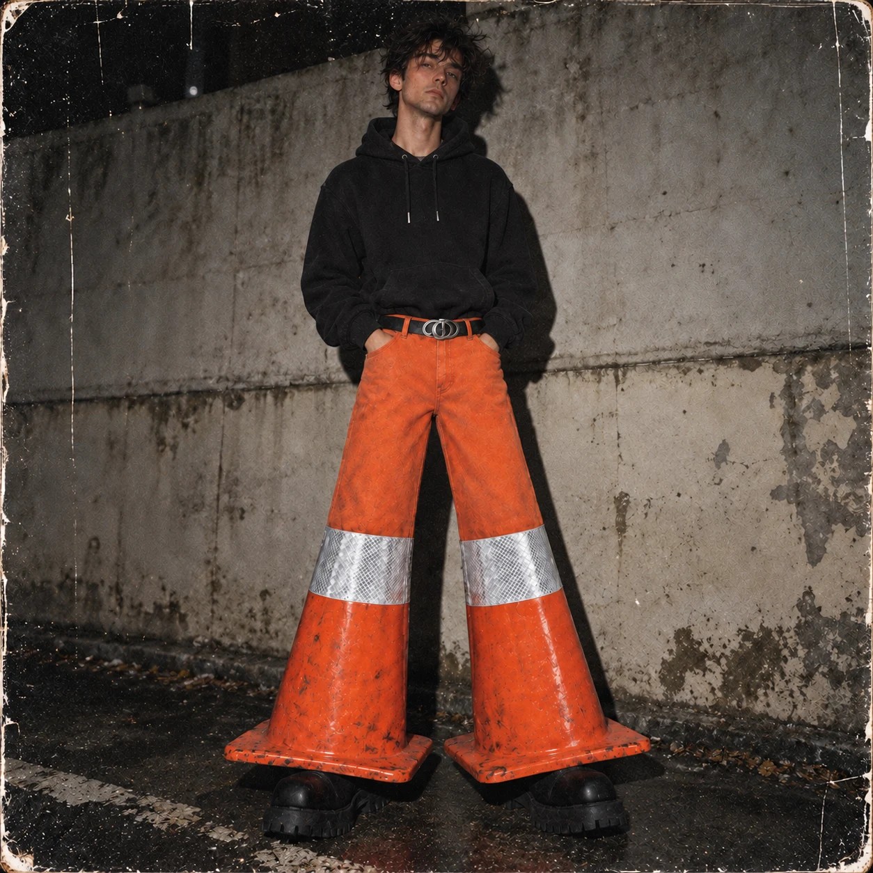 The Cone Artist in a black hoodie and orange traffic cone trousers, standing against a worn concrete wall at night.